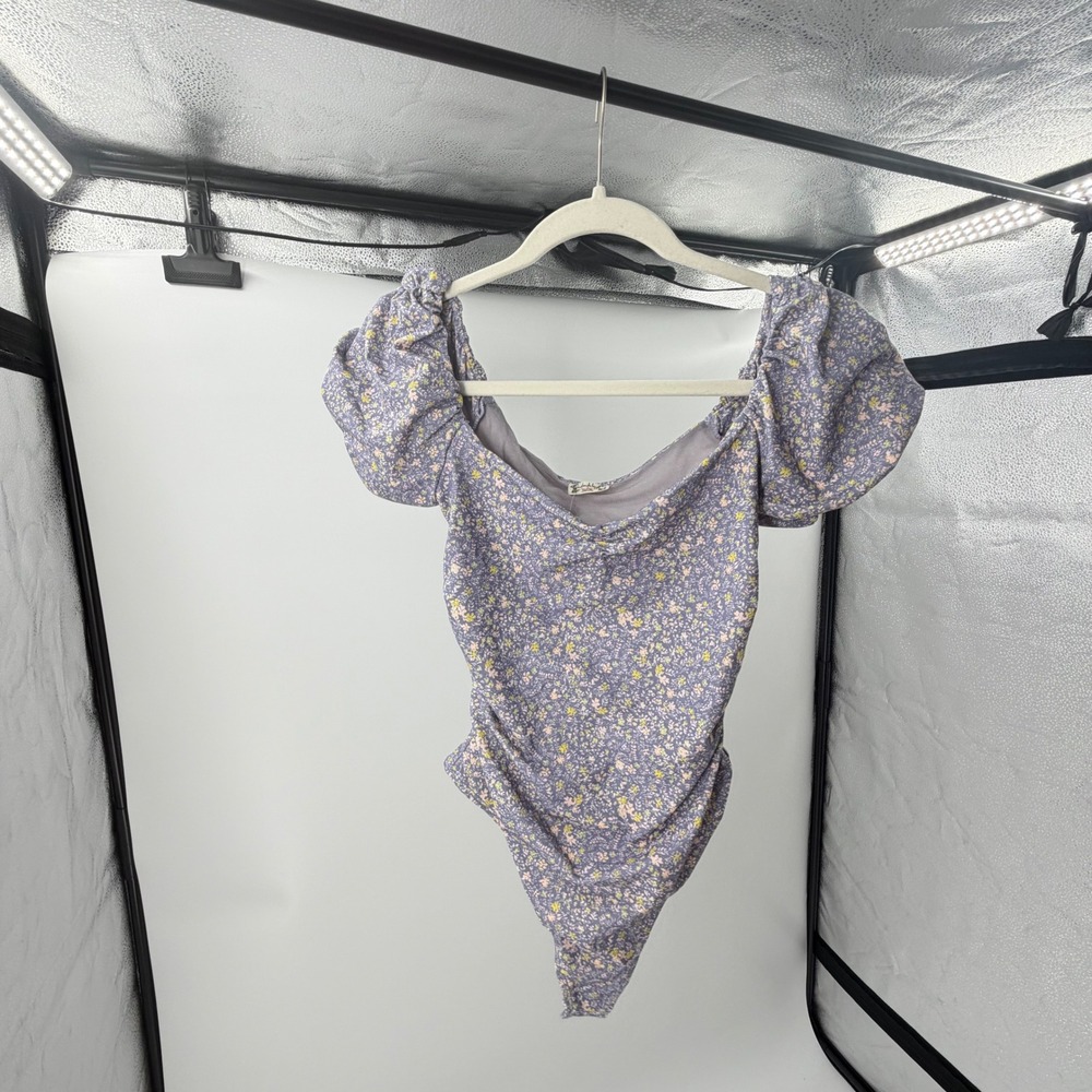 Free People Intimately Floral Puff Sleeve Bodysuit Purple Sweetheart Neck NWT